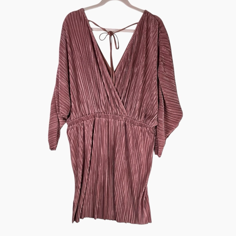 Asos Faux Wrap Front Pleated Mini Dress‎ Pink Mauve Dolman Sleeve US 16 UK 20